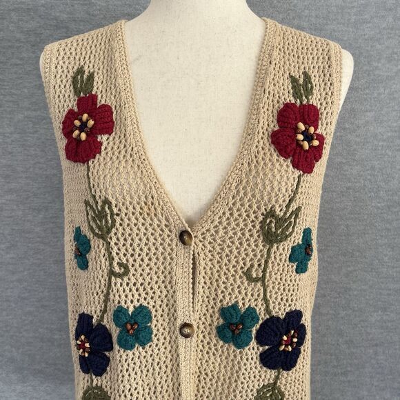 Jantzen Crochet Sweater Vest Womens M 3D Knit Floral Boho Hippie Cottagecore Vtg - Picture 3 of 15